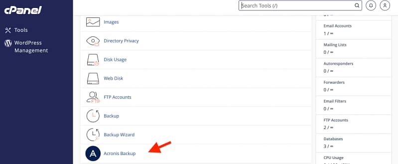 sectiunea acronis backup din cpanel.webp