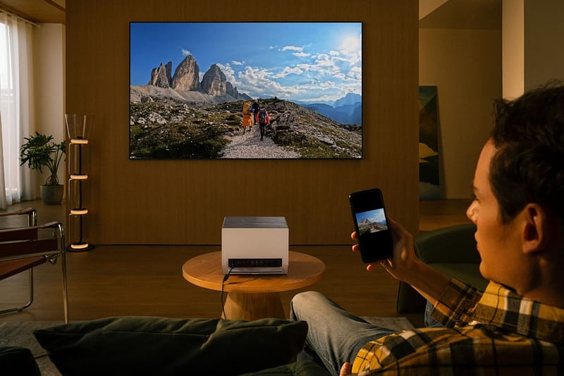 man uses projector to display mountain landscape on wall smart tv app install hbo max.jpg